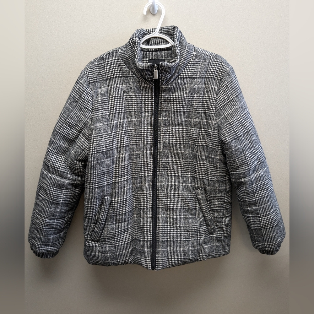 Tribal Plaid Houndstooth Puffer Coat Black White Women's Size Large